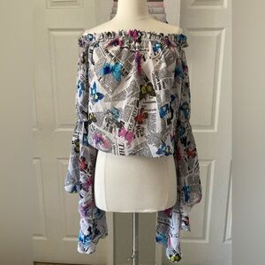Live 4 Truth newspaper butterfly cropped flowy blouse with bell sleeves